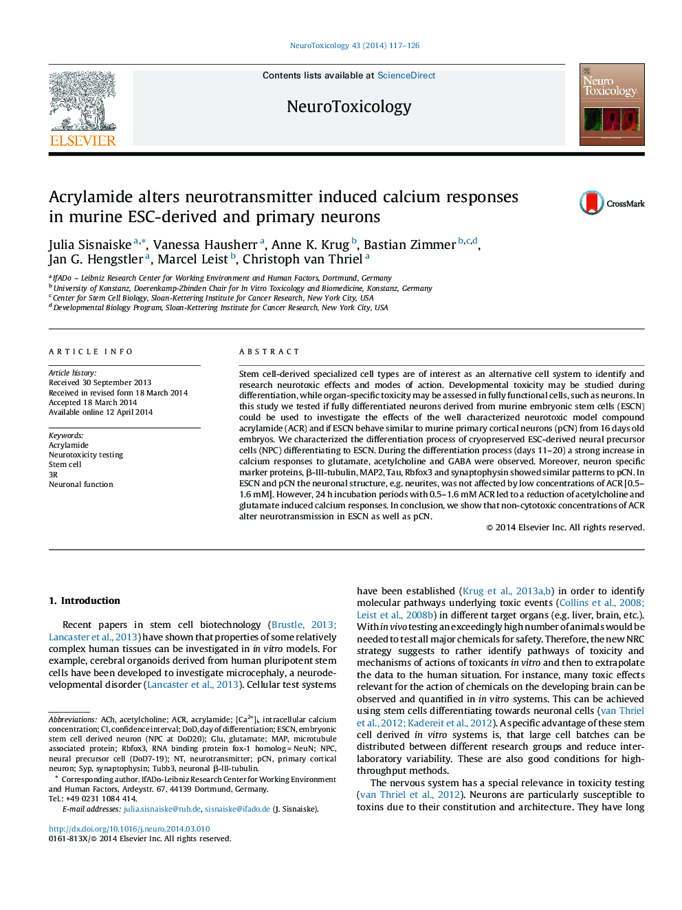 Acrylamide alters neurotransmitter induced calcium responses in murine ESC-derived and primary neurons