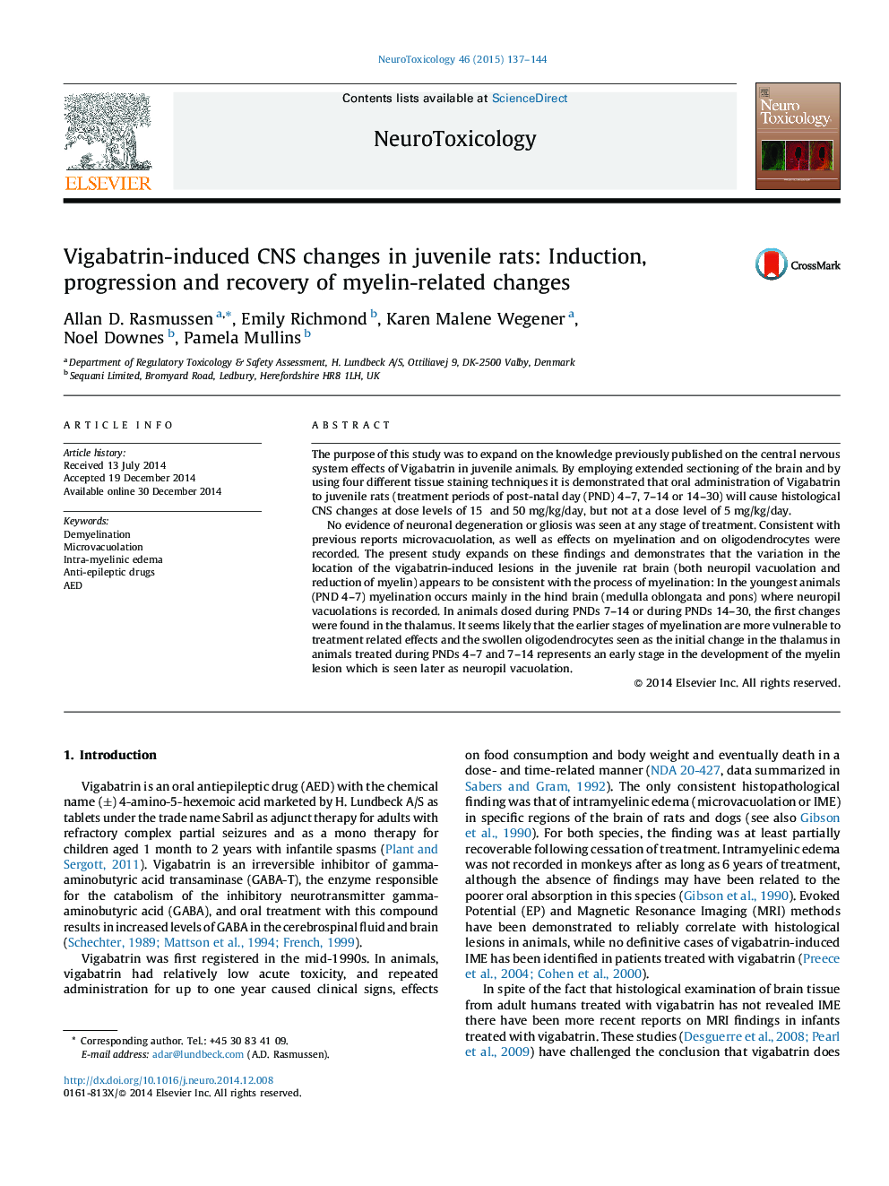 Vigabatrin-induced CNS changes in juvenile rats: Induction, progression and recovery of myelin-related changes