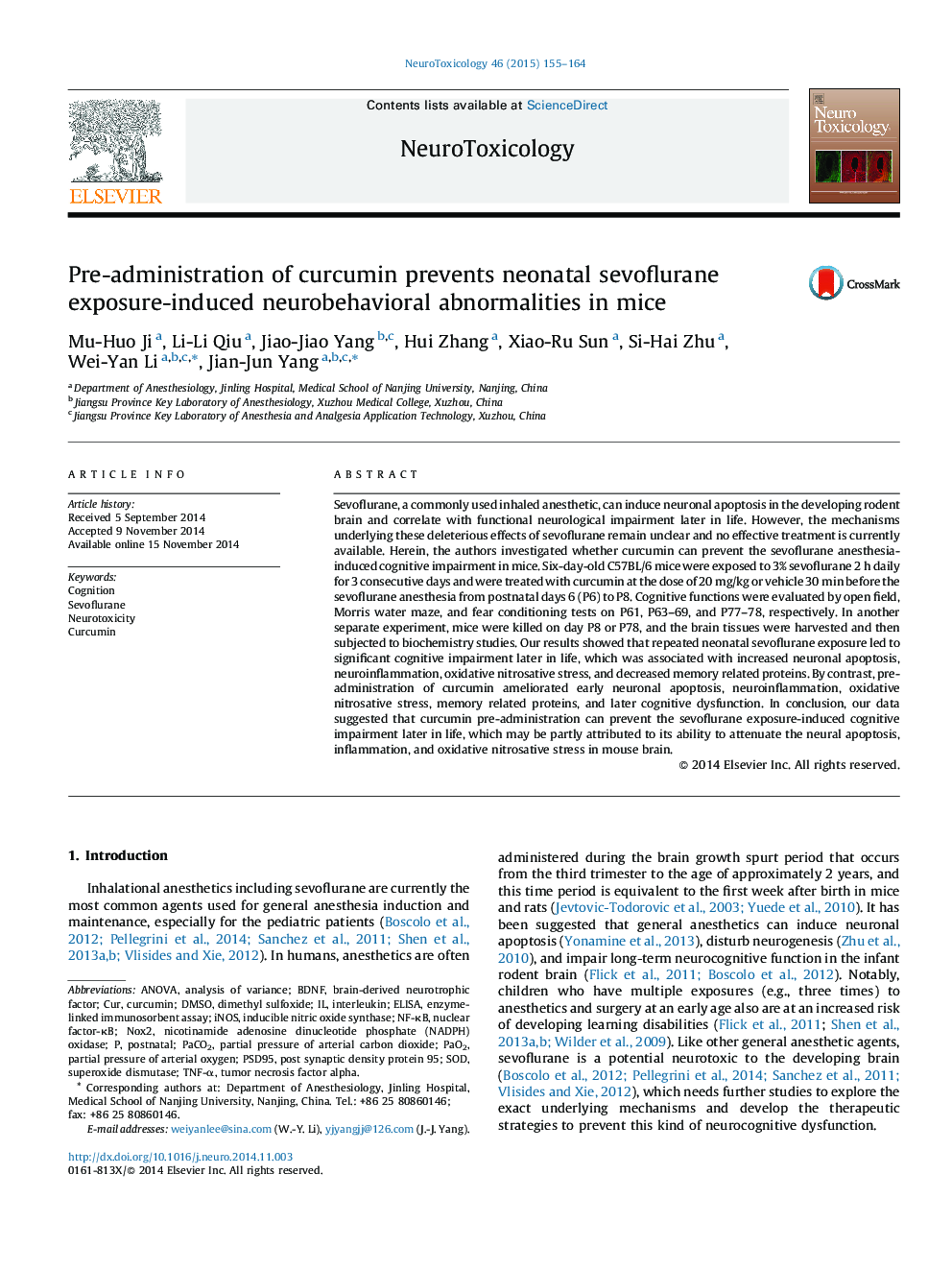 Pre-administration of curcumin prevents neonatal sevoflurane exposure-induced neurobehavioral abnormalities in mice