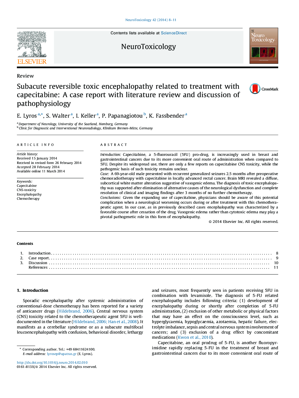 Subacute reversible toxic encephalopathy related to treatment with capecitabine: A case report with literature review and discussion of pathophysiology