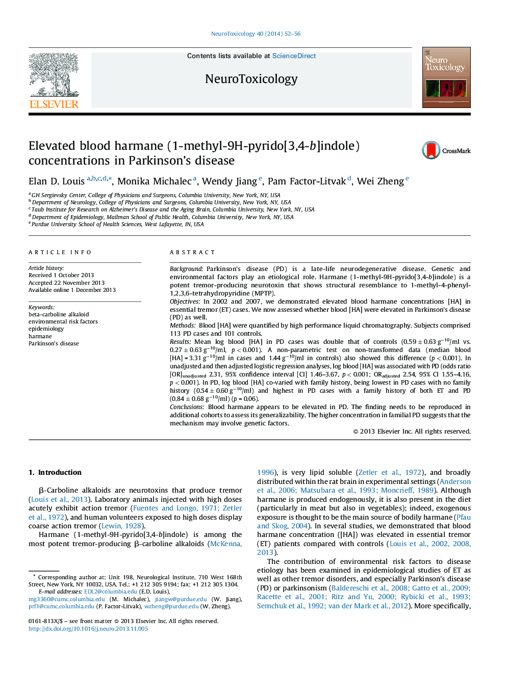 Elevated blood harmane (1-methyl-9H-pyrido[3,4-b]indole) concentrations in Parkinson's disease