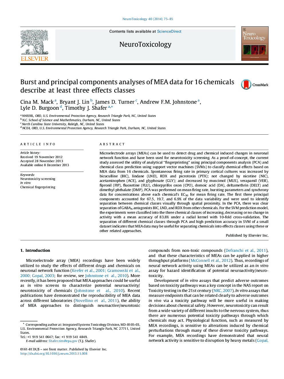 Burst and principal components analyses of MEA data for 16 chemicals describe at least three effects classes