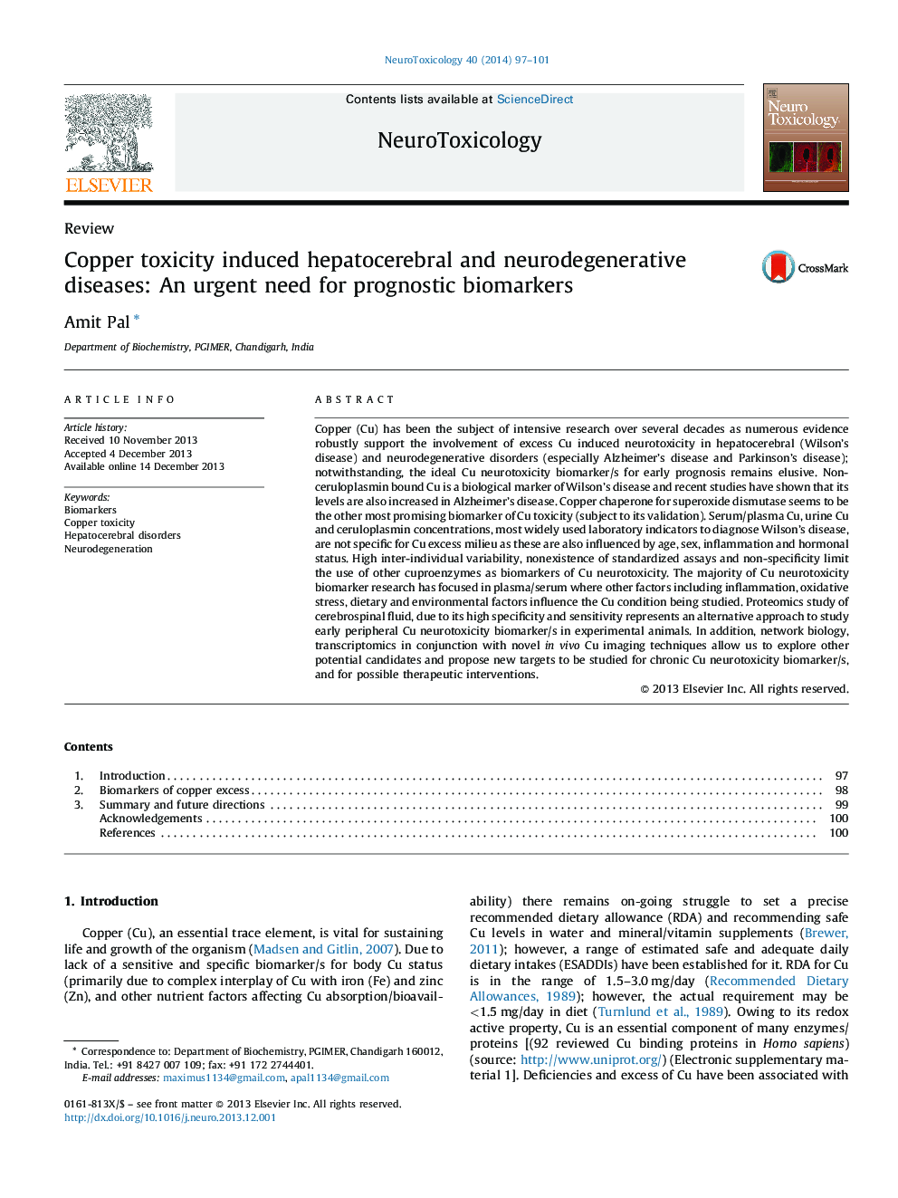 Copper toxicity induced hepatocerebral and neurodegenerative diseases: An urgent need for prognostic biomarkers