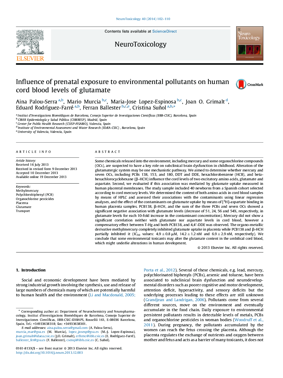 Influence of prenatal exposure to environmental pollutants on human cord blood levels of glutamate