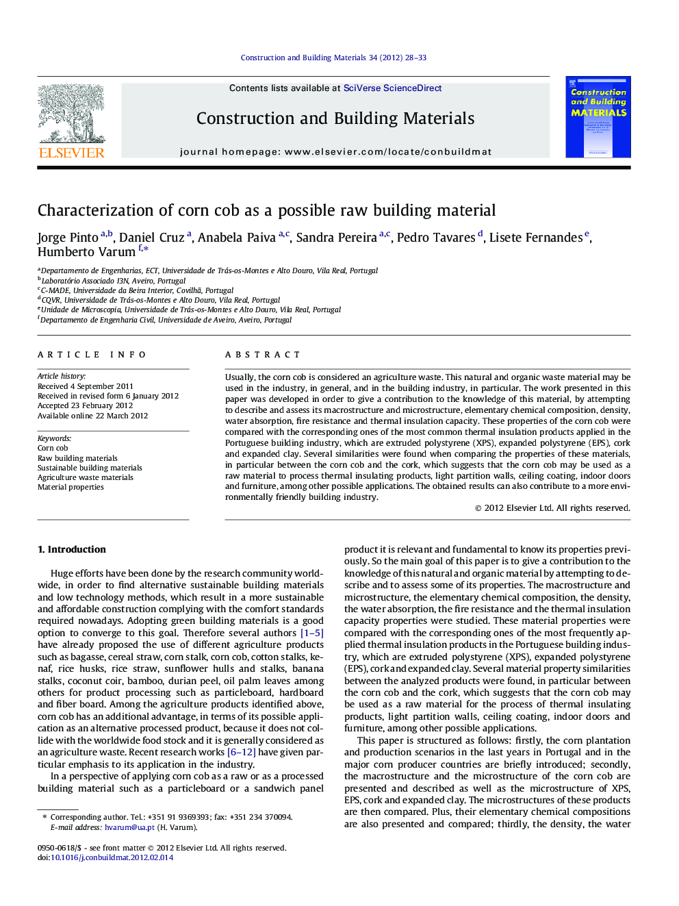 Characterization of corn cob as a possible raw building material