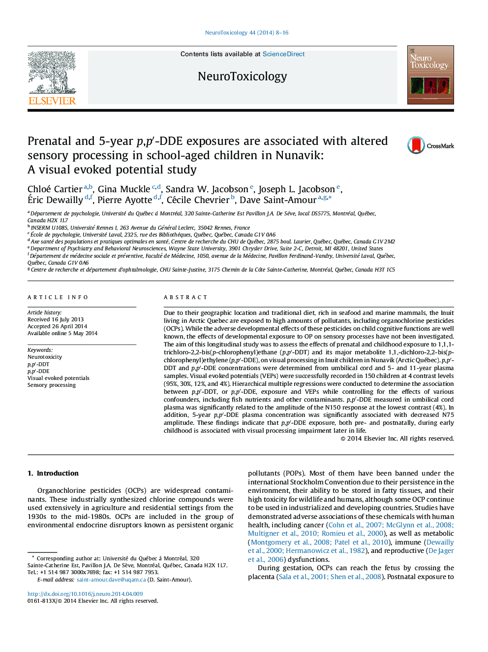 Prenatal and 5-year p,p′-DDE exposures are associated with altered sensory processing in school-aged children in Nunavik: A visual evoked potential study