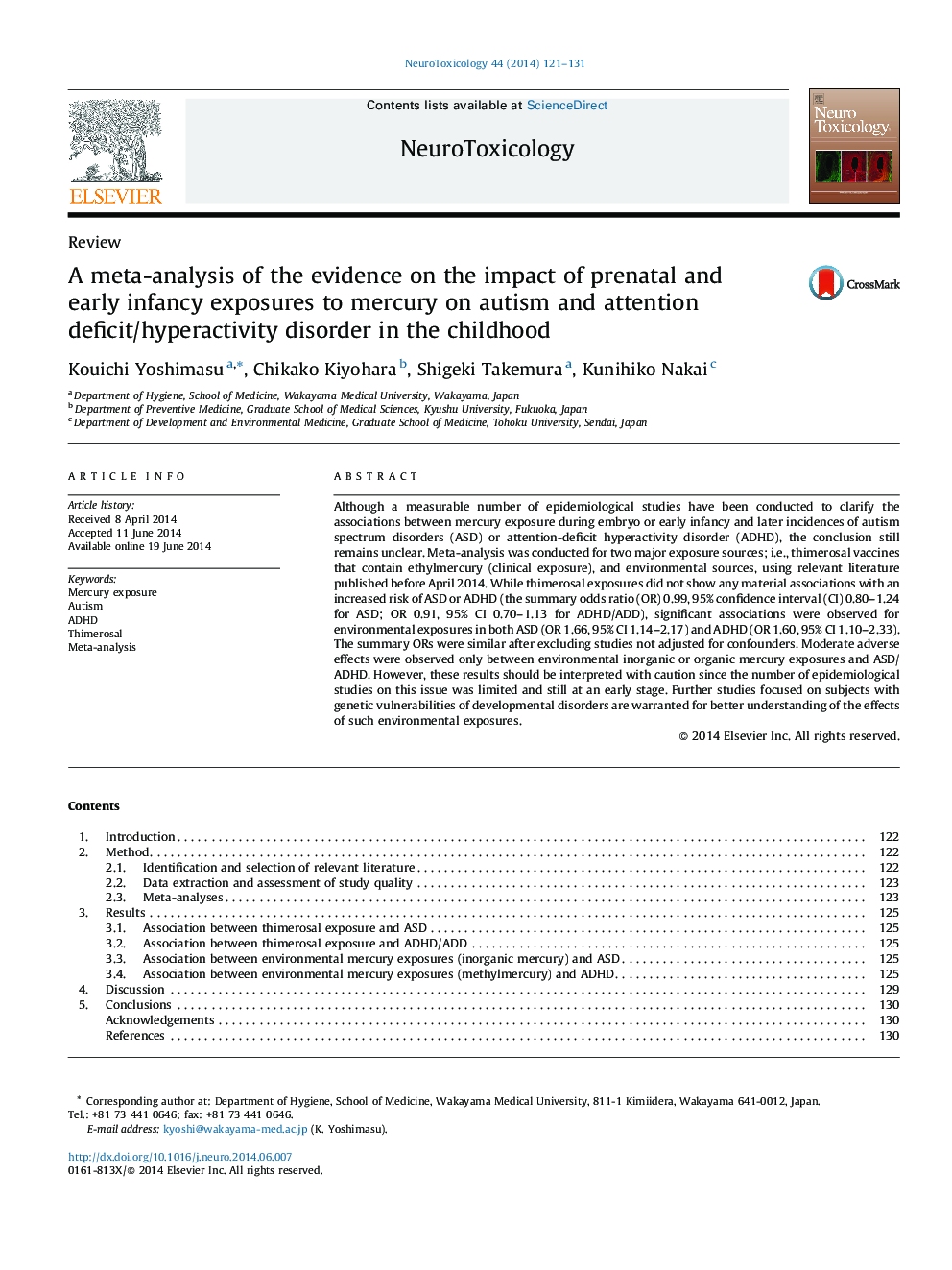 A meta-analysis of the evidence on the impact of prenatal and early infancy exposures to mercury on autism and attention deficit/hyperactivity disorder in the childhood