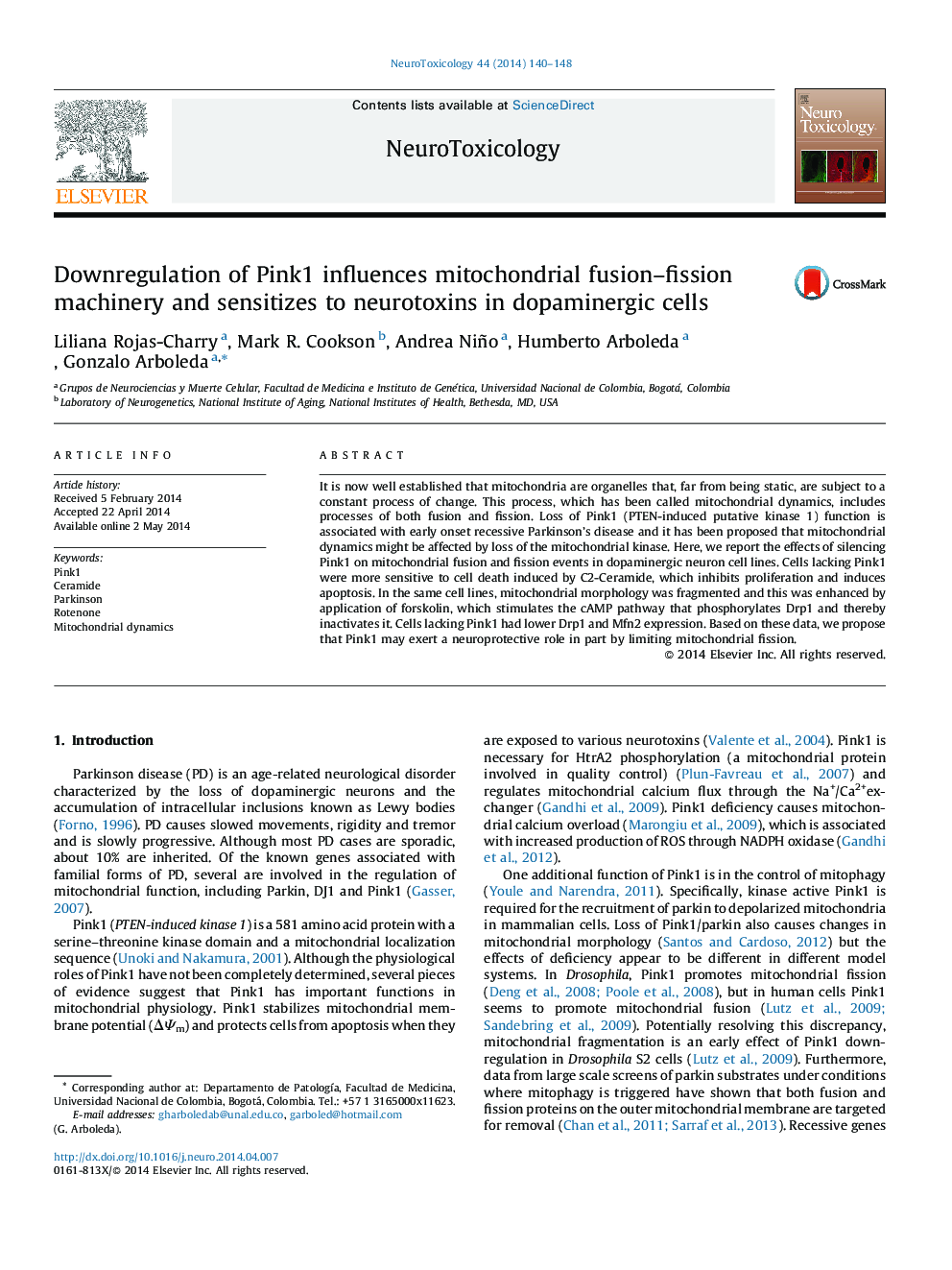 Downregulation of Pink1 influences mitochondrial fusion–fission machinery and sensitizes to neurotoxins in dopaminergic cells