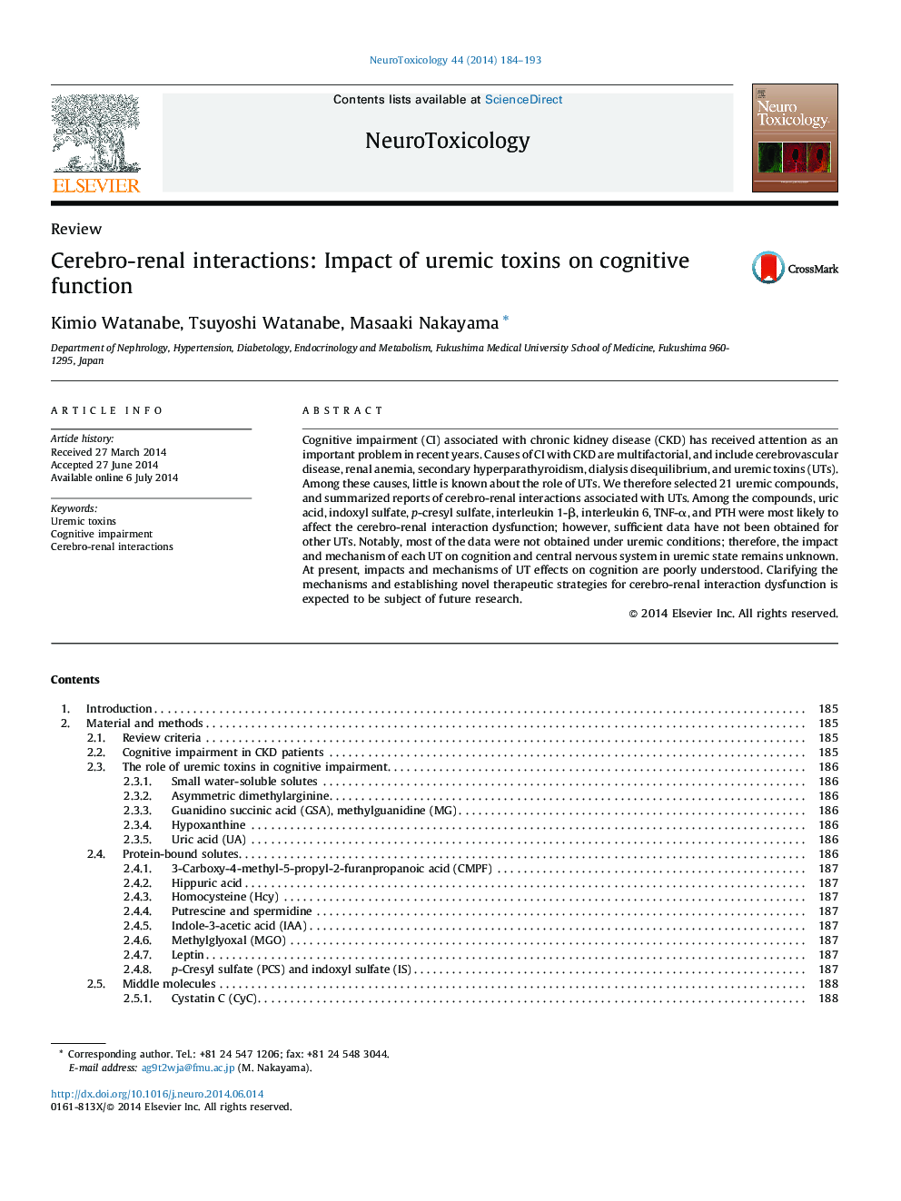 Cerebro-renal interactions: Impact of uremic toxins on cognitive function