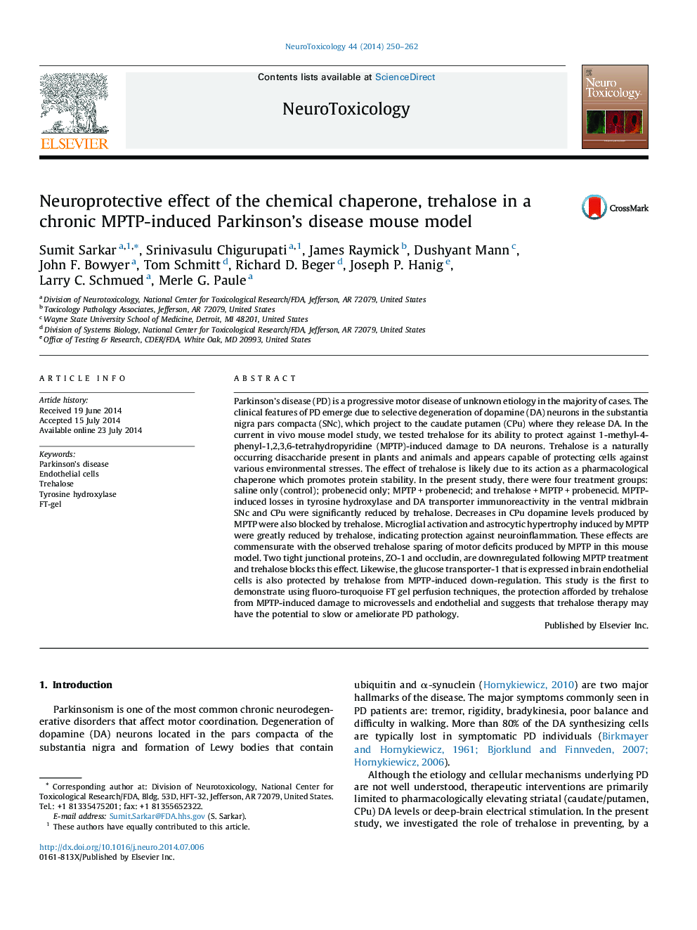 Neuroprotective effect of the chemical chaperone, trehalose in a chronic MPTP-induced Parkinson's disease mouse model