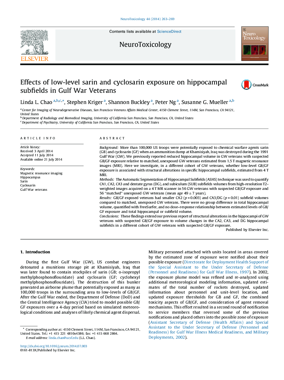 Effects of low-level sarin and cyclosarin exposure on hippocampal subfields in Gulf War Veterans