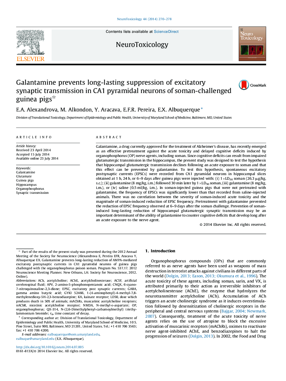 Galantamine prevents long-lasting suppression of excitatory synaptic transmission in CA1 pyramidal neurons of soman-challenged guinea pigs 