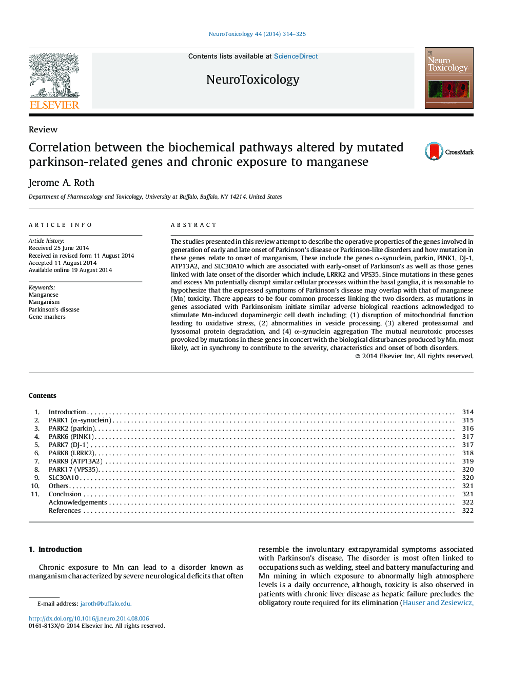 Correlation between the biochemical pathways altered by mutated parkinson-related genes and chronic exposure to manganese