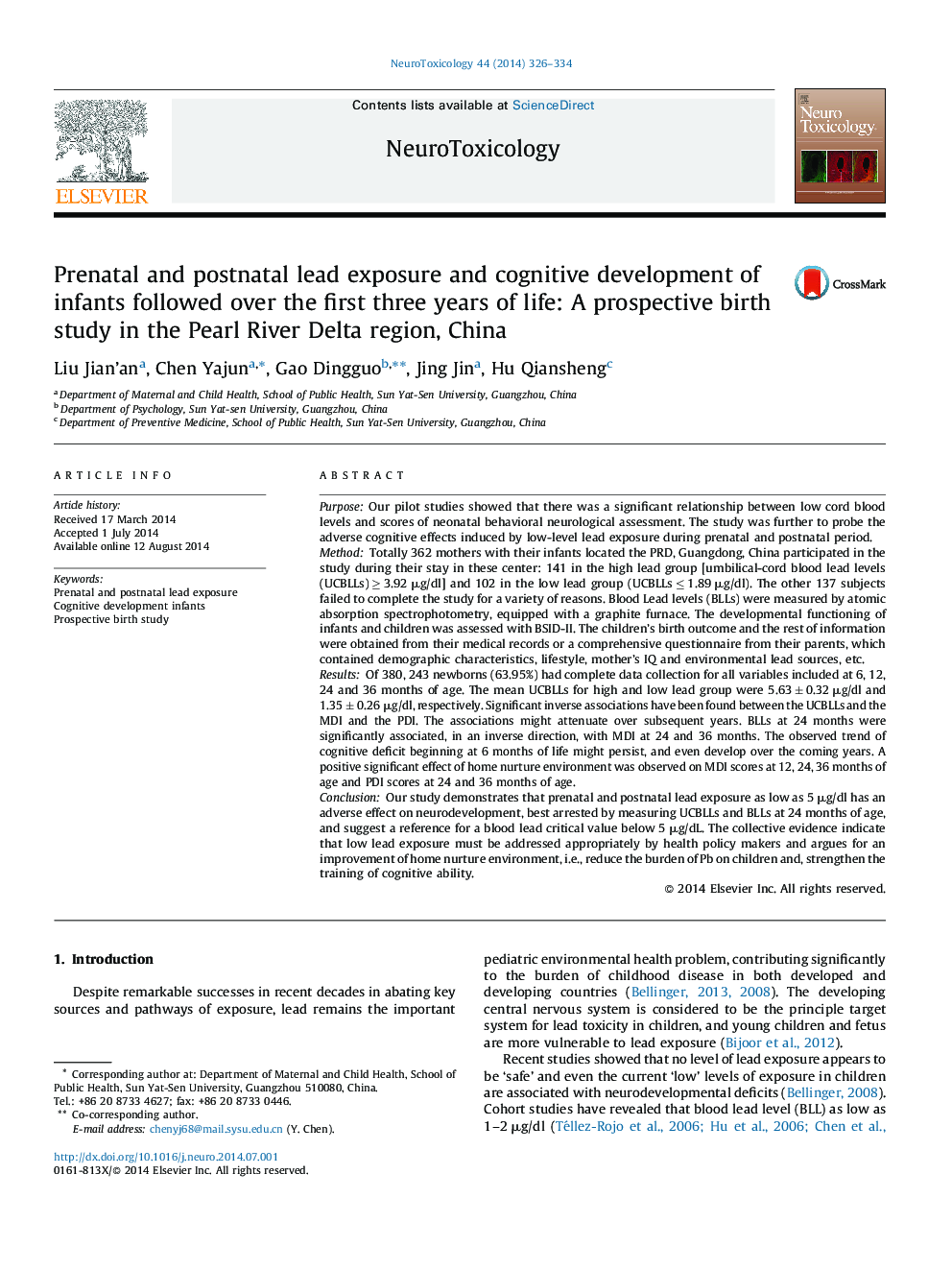 Prenatal and postnatal lead exposure and cognitive development of infants followed over the first three years of life: A prospective birth study in the Pearl River Delta region, China