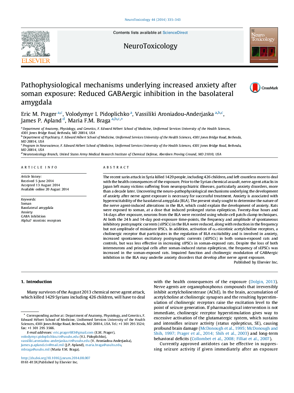 Pathophysiological mechanisms underlying increased anxiety after soman exposure: Reduced GABAergic inhibition in the basolateral amygdala