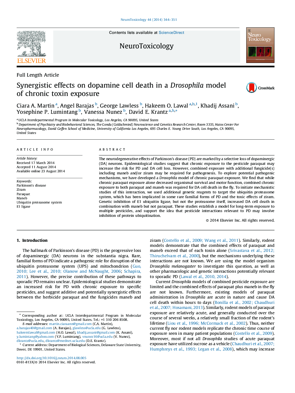 Synergistic effects on dopamine cell death in a Drosophila model of chronic toxin exposure