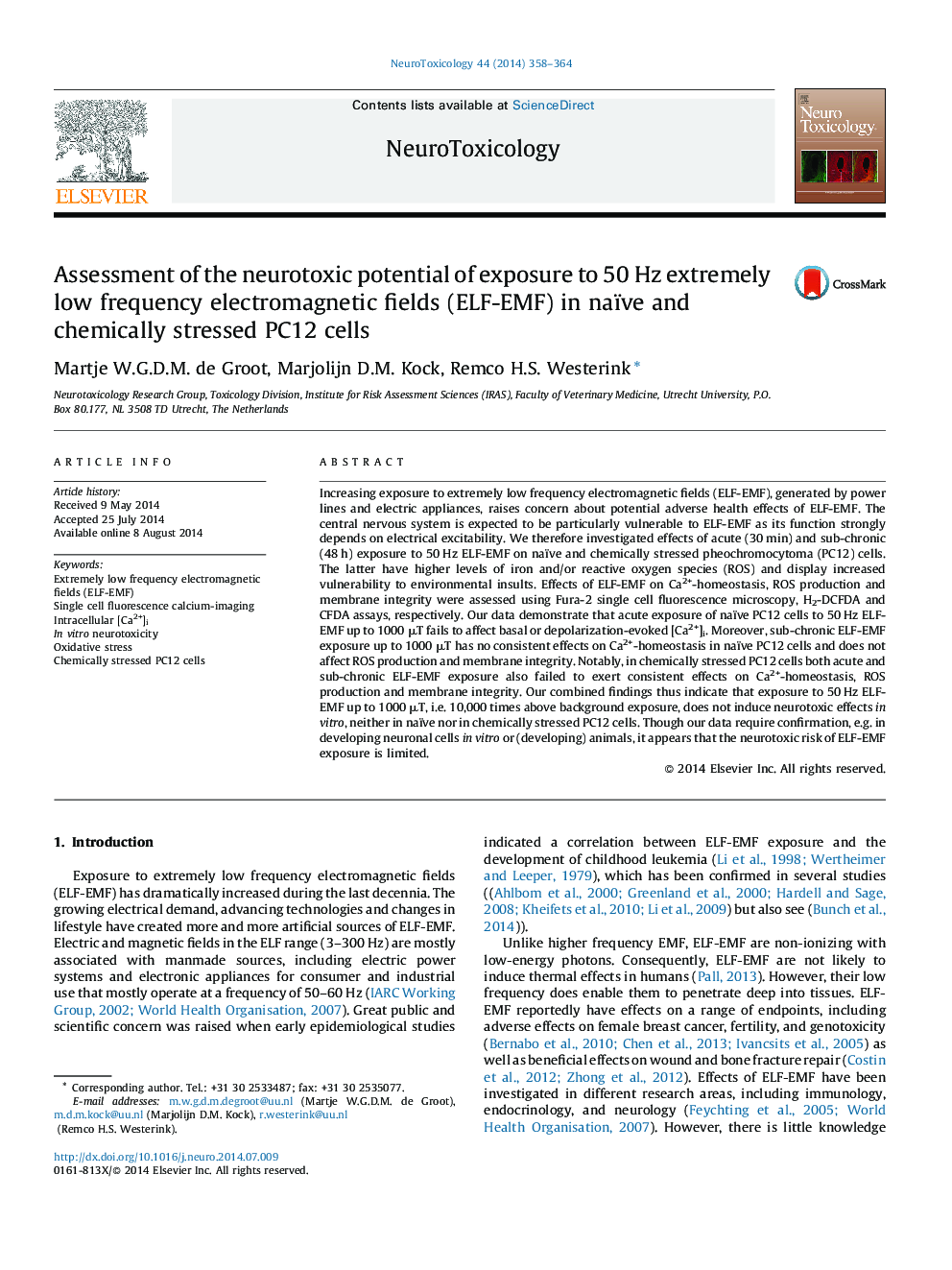 Assessment of the neurotoxic potential of exposure to 50 Hz extremely low frequency electromagnetic fields (ELF-EMF) in naïve and chemically stressed PC12 cells