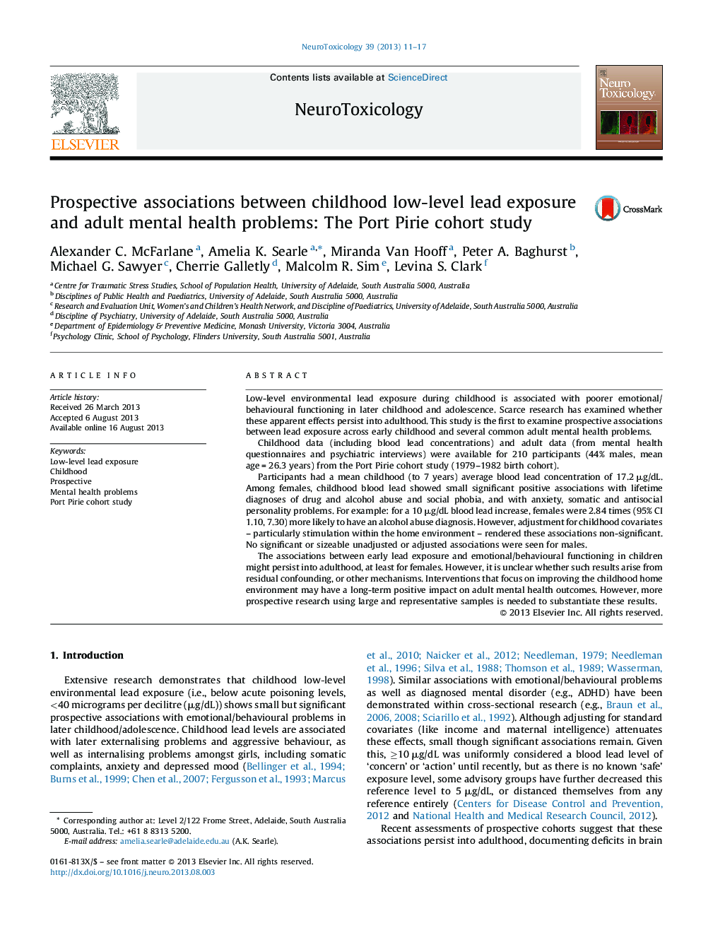 Prospective associations between childhood low-level lead exposure and adult mental health problems: The Port Pirie cohort study