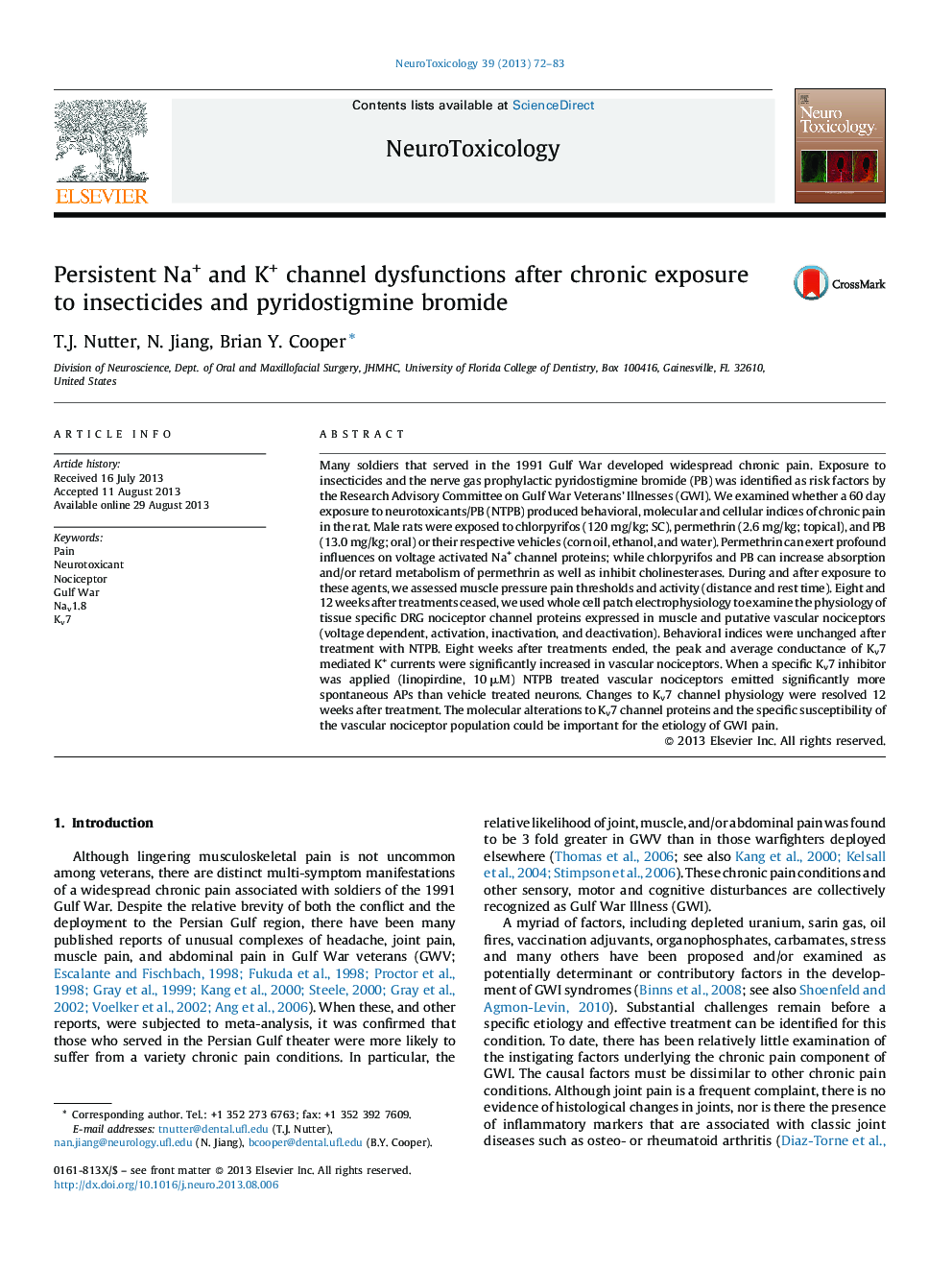 Persistent Na+ and K+ channel dysfunctions after chronic exposure to insecticides and pyridostigmine bromide