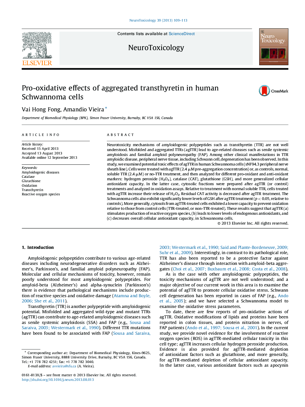 Pro-oxidative effects of aggregated transthyretin in human Schwannoma cells