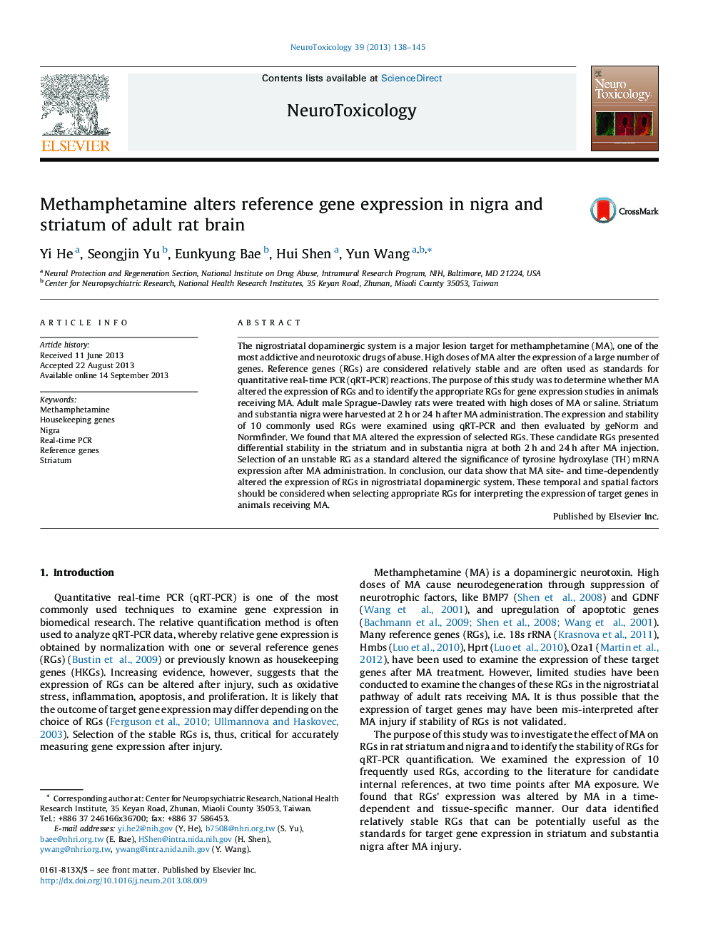 Methamphetamine alters reference gene expression in nigra and striatum of adult rat brain