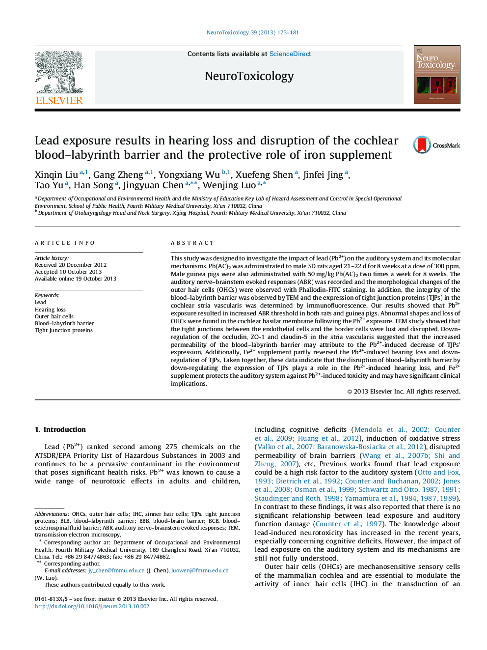 Lead exposure results in hearing loss and disruption of the cochlear blood–labyrinth barrier and the protective role of iron supplement