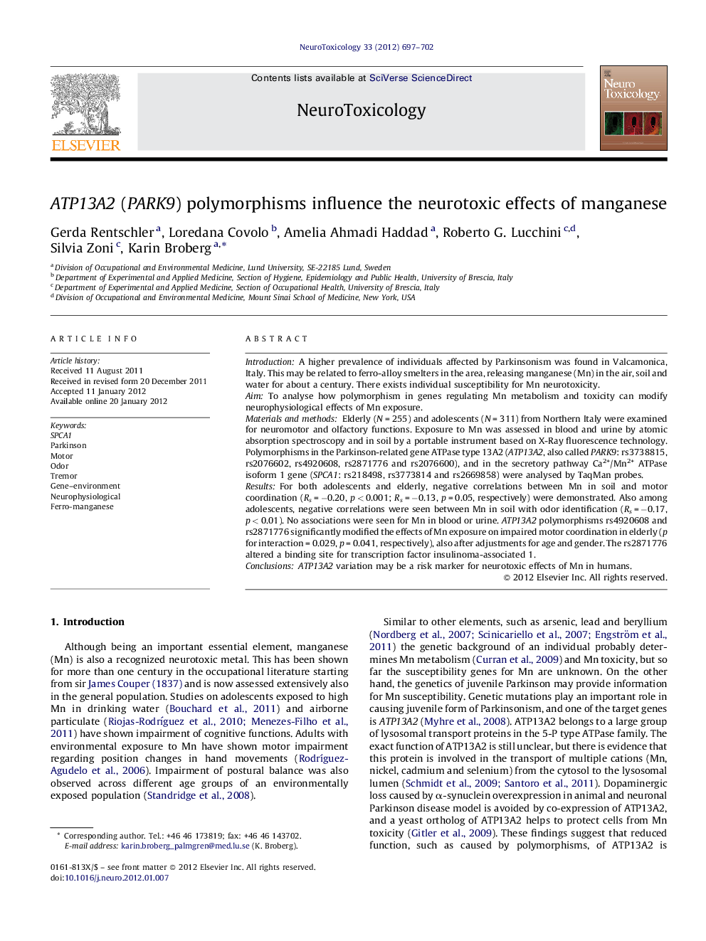 ATP13A2 (PARK9) polymorphisms influence the neurotoxic effects of manganese