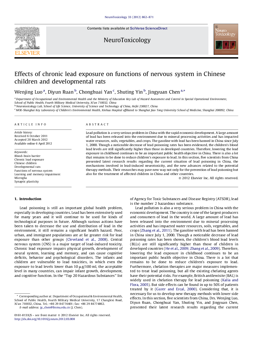 عکس صفحه اول مقاله: Effects of chronic lead exposure on functions of nervous system in Chinese children and developmental rats Effects of chronic lead exposure on functions of nervous system in Chinese children and developmental rats