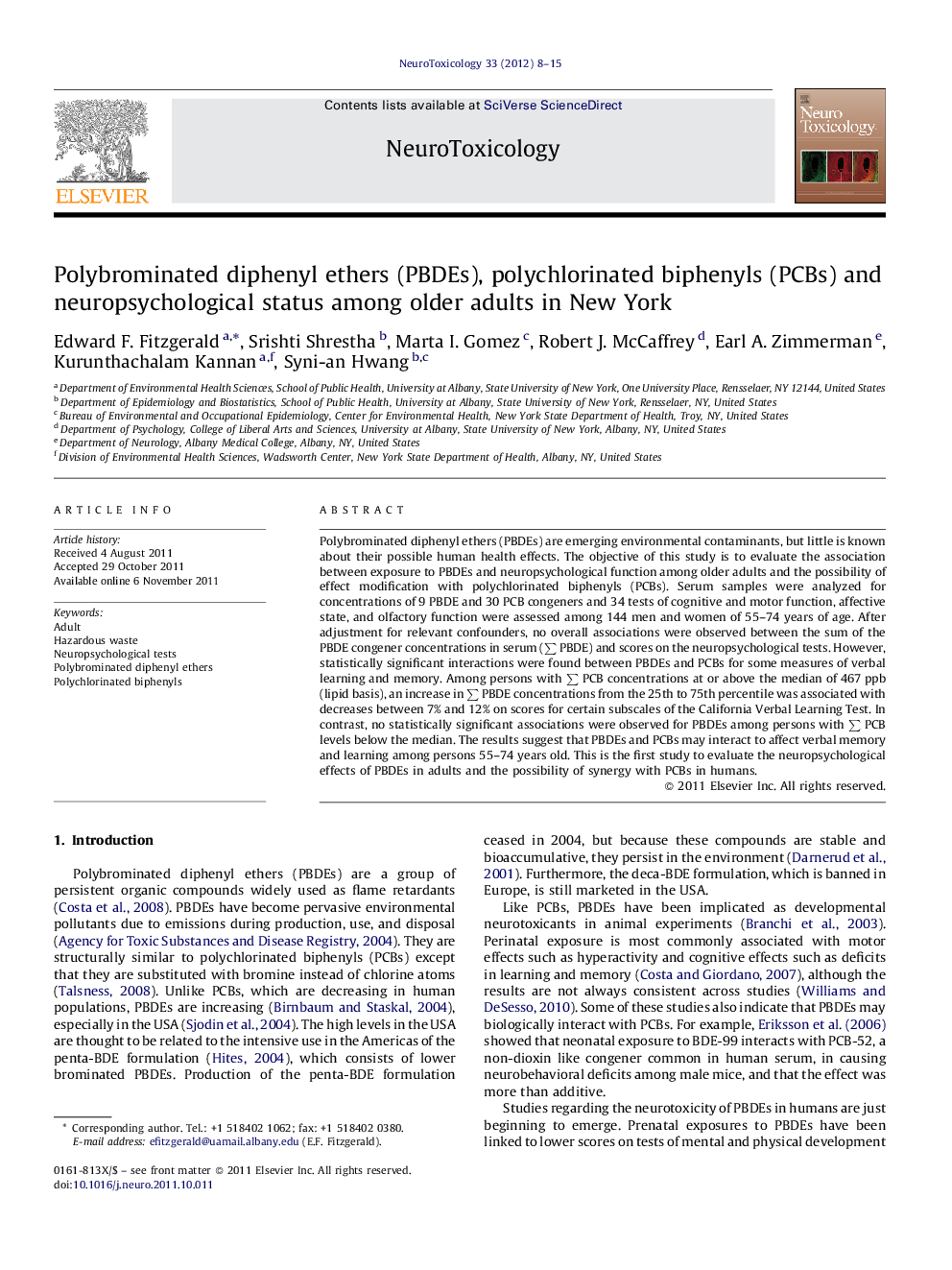 Polybrominated diphenyl ethers (PBDEs), polychlorinated biphenyls (PCBs) and neuropsychological status among older adults in New York