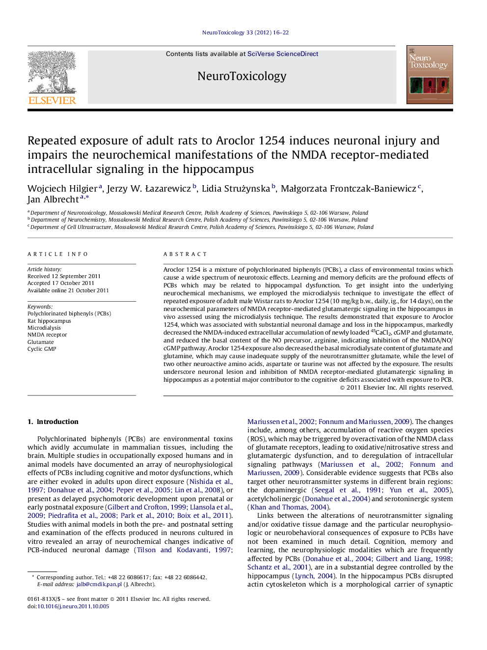 Repeated exposure of adult rats to Aroclor 1254 induces neuronal injury and impairs the neurochemical manifestations of the NMDA receptor-mediated intracellular signaling in the hippocampus