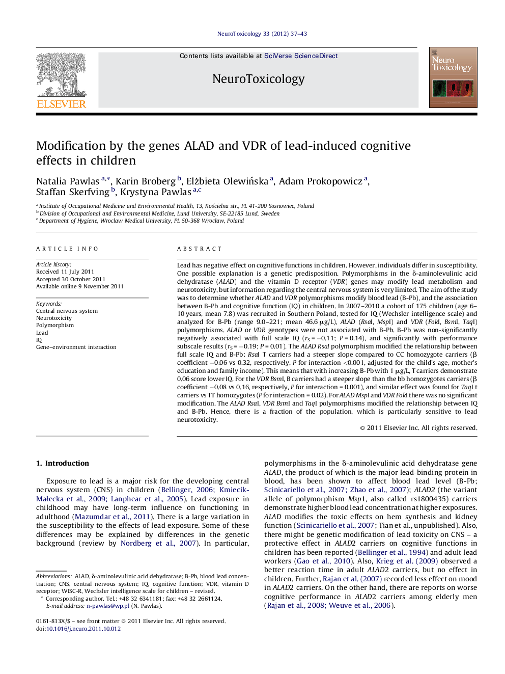 Modification by the genes ALAD and VDR of lead-induced cognitive effects in children