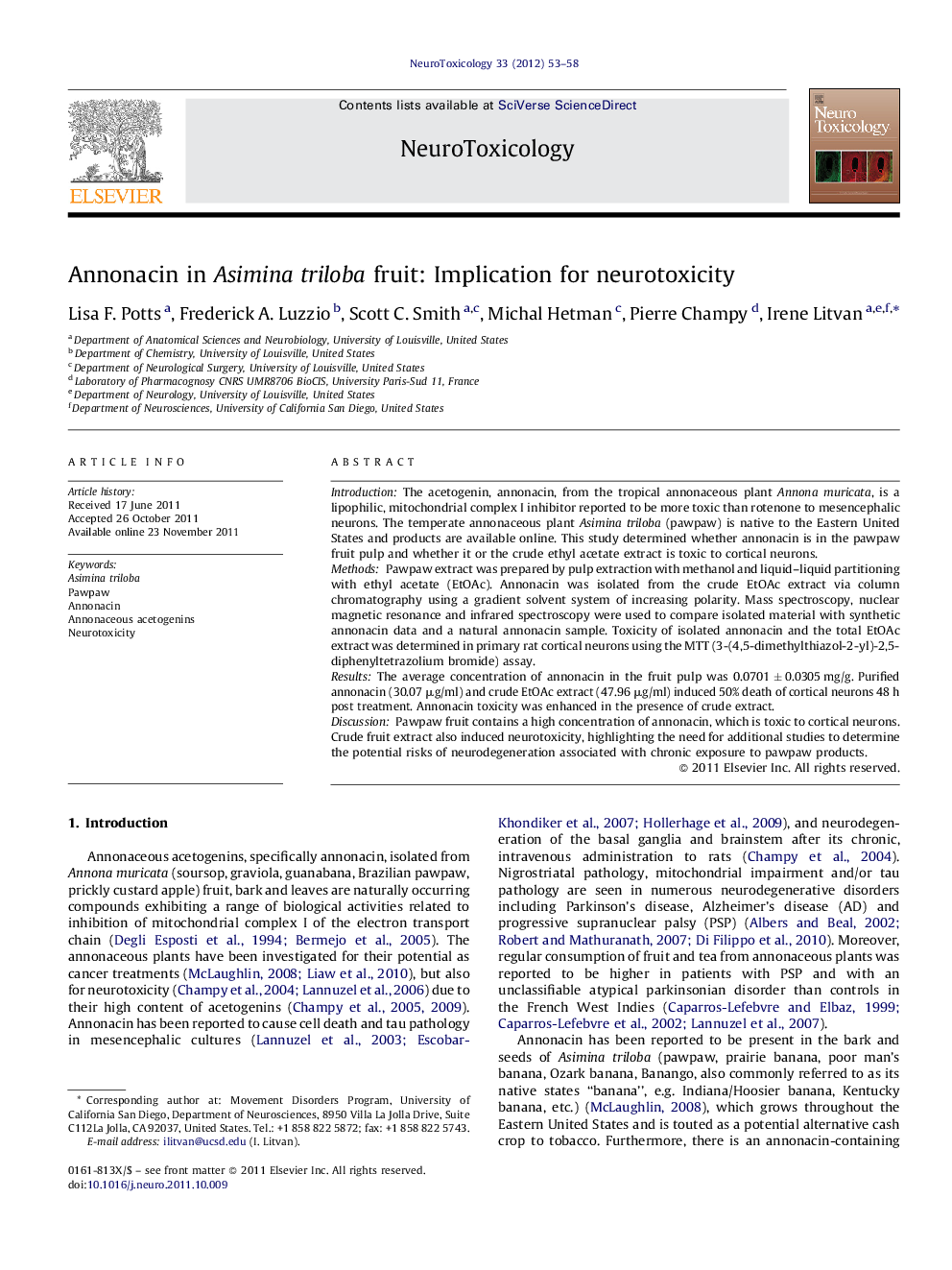 Annonacin in Asimina triloba fruit: Implication for neurotoxicity