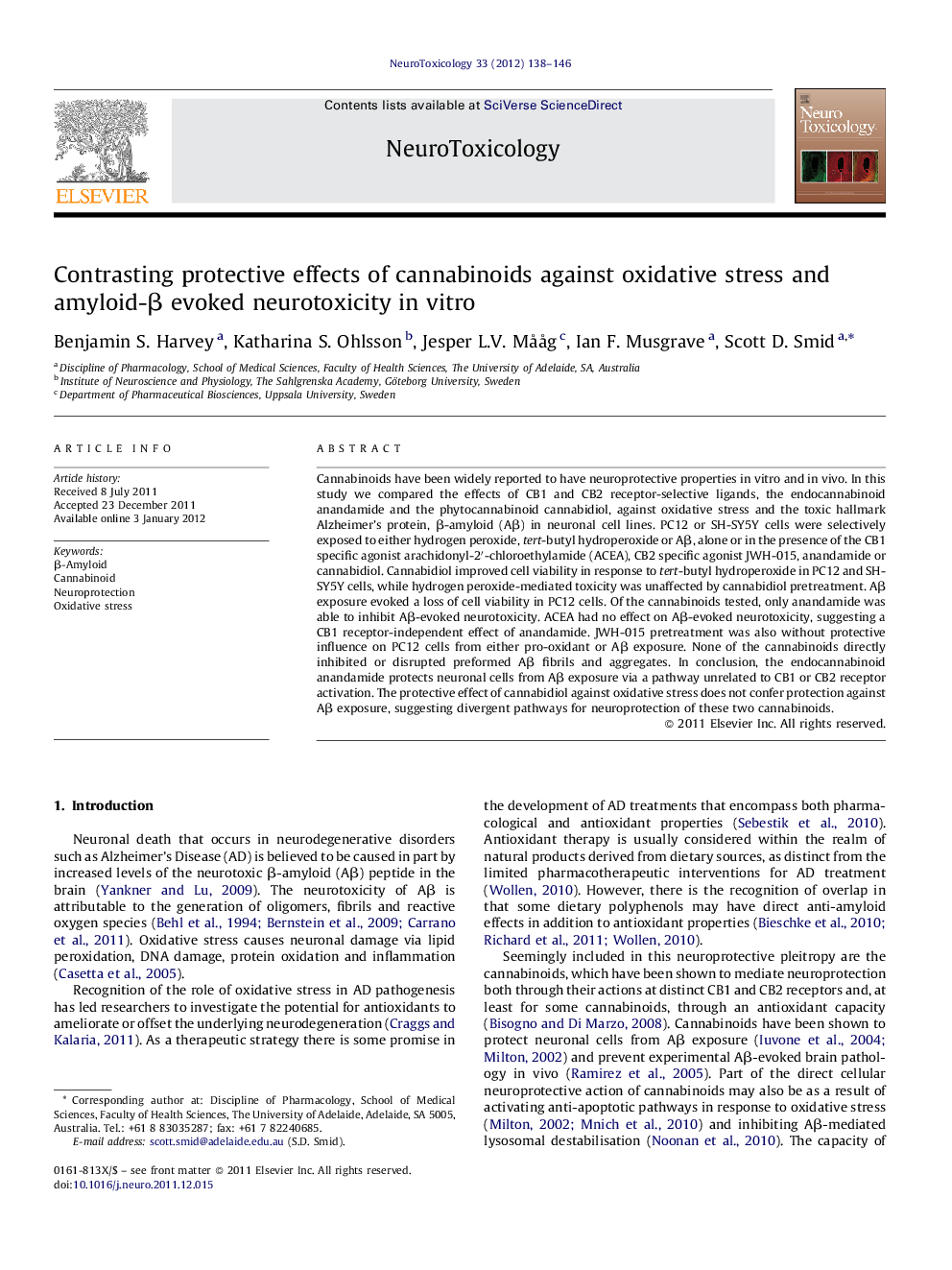 Contrasting protective effects of cannabinoids against oxidative stress and amyloid-β evoked neurotoxicity in vitro