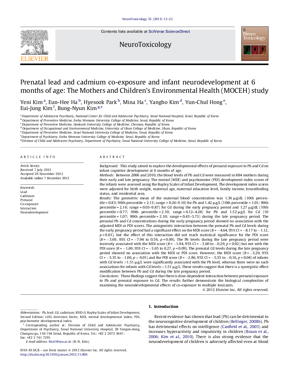 Prenatal lead and cadmium co-exposure and infant neurodevelopment at 6 months of age: The Mothers and Children's Environmental Health (MOCEH) study