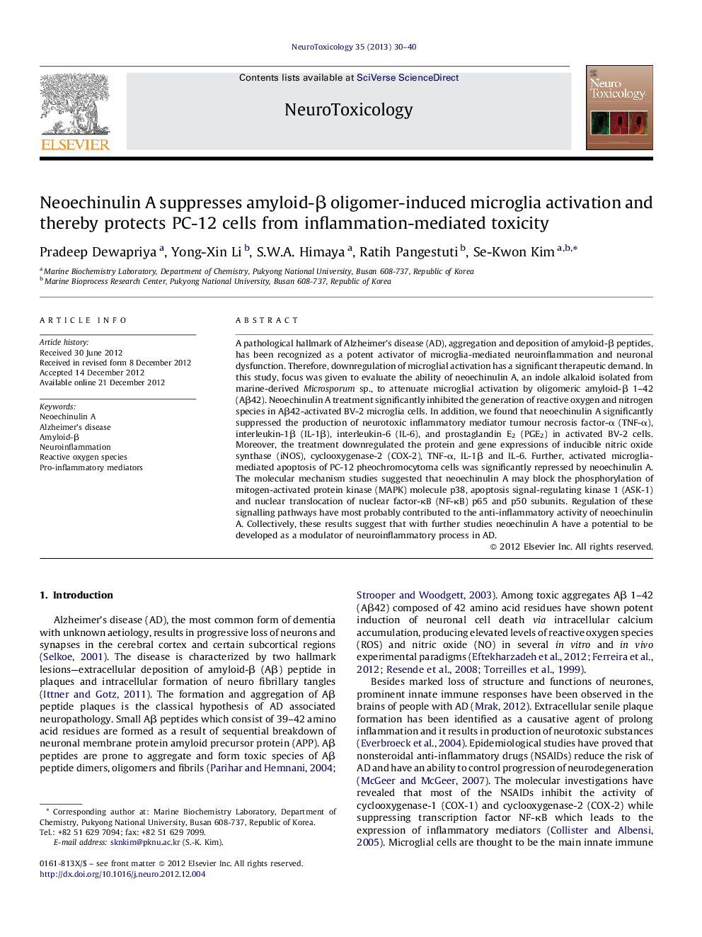 Neoechinulin A suppresses amyloid-β oligomer-induced microglia activation and thereby protects PC-12 cells from inflammation-mediated toxicity