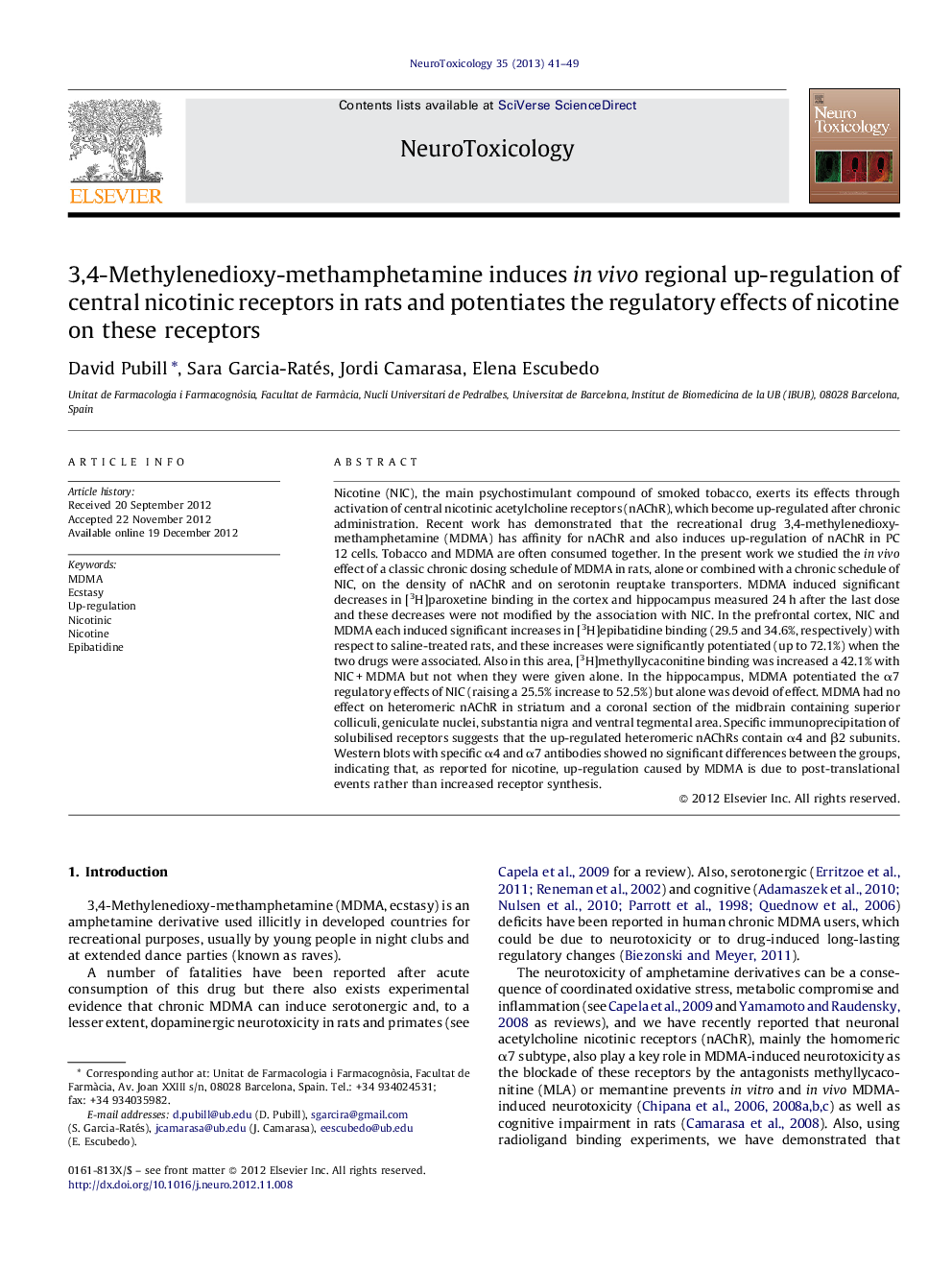 3,4-Methylenedioxy-methamphetamine induces in vivo regional up-regulation of central nicotinic receptors in rats and potentiates the regulatory effects of nicotine on these receptors