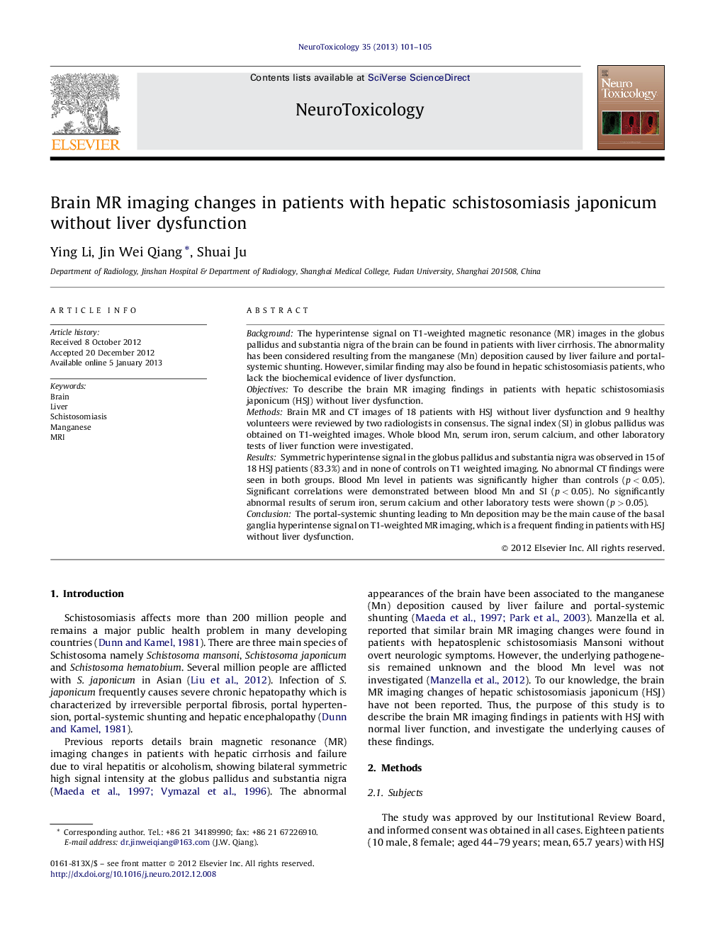 Brain MR imaging changes in patients with hepatic schistosomiasis japonicum without liver dysfunction