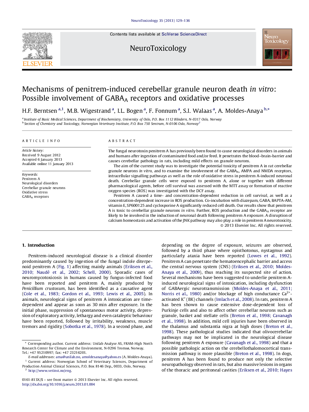 Mechanisms of penitrem-induced cerebellar granule neuron death in vitro: Possible involvement of GABAA receptors and oxidative processes