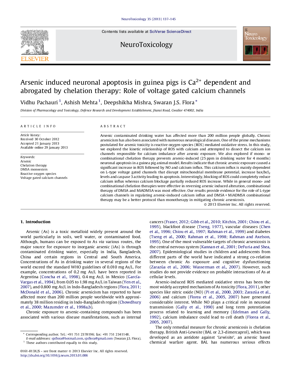 Arsenic induced neuronal apoptosis in guinea pigs is Ca2+ dependent and abrogated by chelation therapy: Role of voltage gated calcium channels