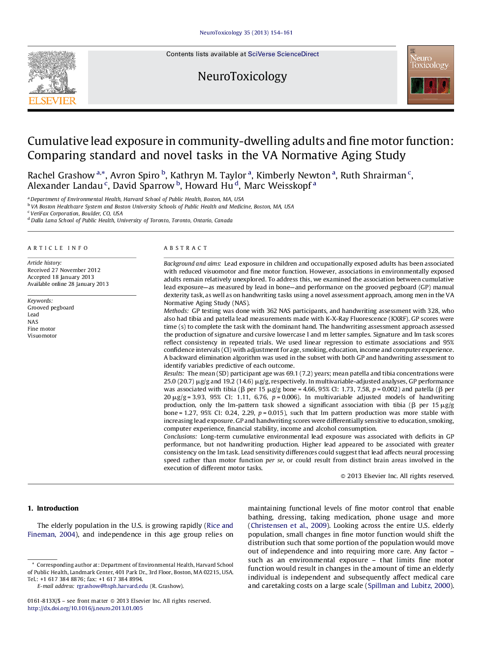 Cumulative lead exposure in community-dwelling adults and fine motor function: Comparing standard and novel tasks in the VA Normative Aging Study