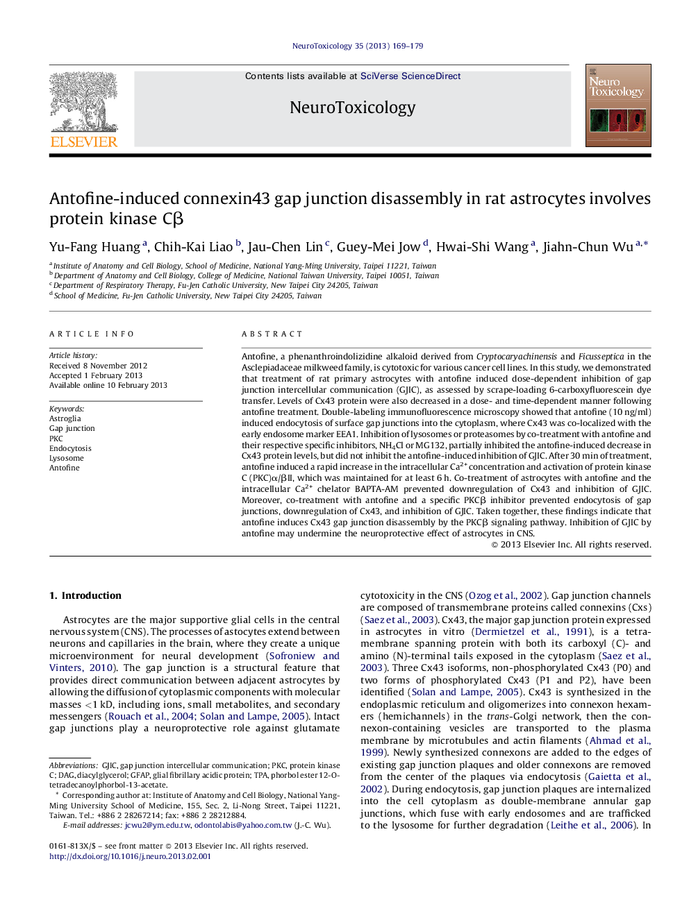 Antofine-induced connexin43 gap junction disassembly in rat astrocytes involves protein kinase Cβ