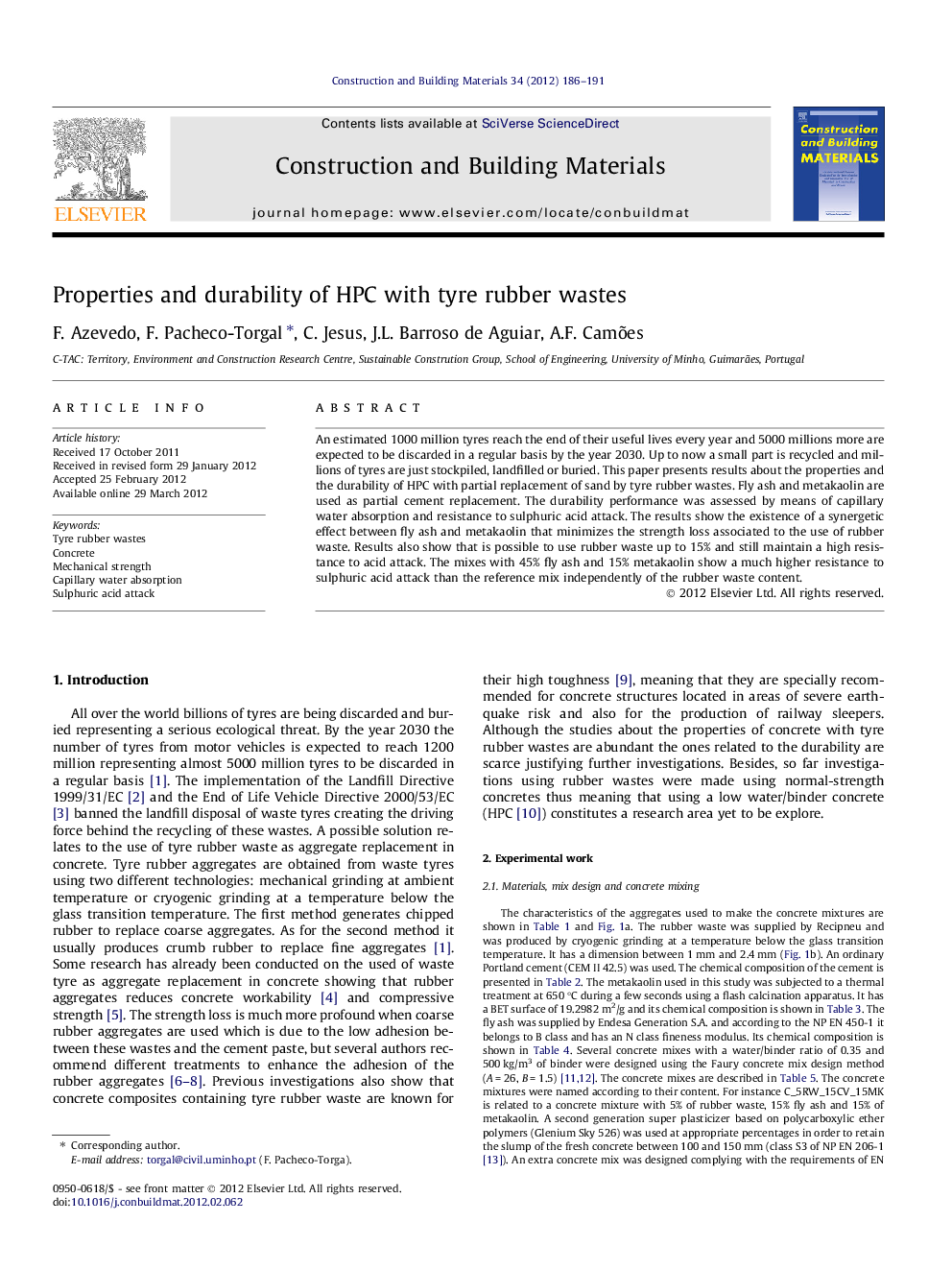 عکس صفحه اول مقاله: Properties and durability of HPC with tyre rubber wastes Properties and durability of HPC with tyre rubber wastes