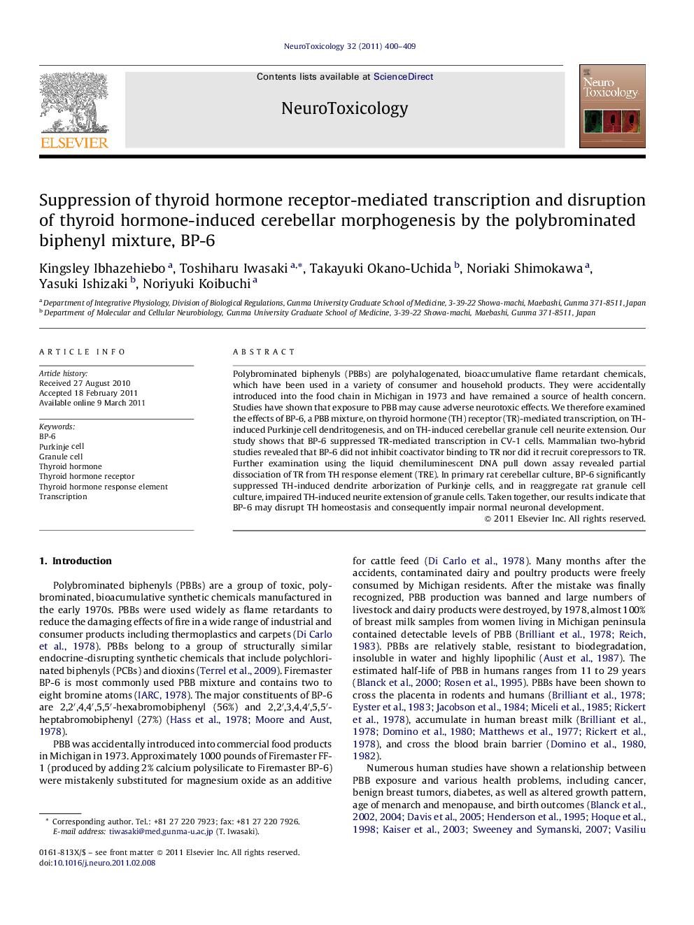 Suppression of thyroid hormone receptor-mediated transcription and disruption of thyroid hormone-induced cerebellar morphogenesis by the polybrominated biphenyl mixture, BP-6