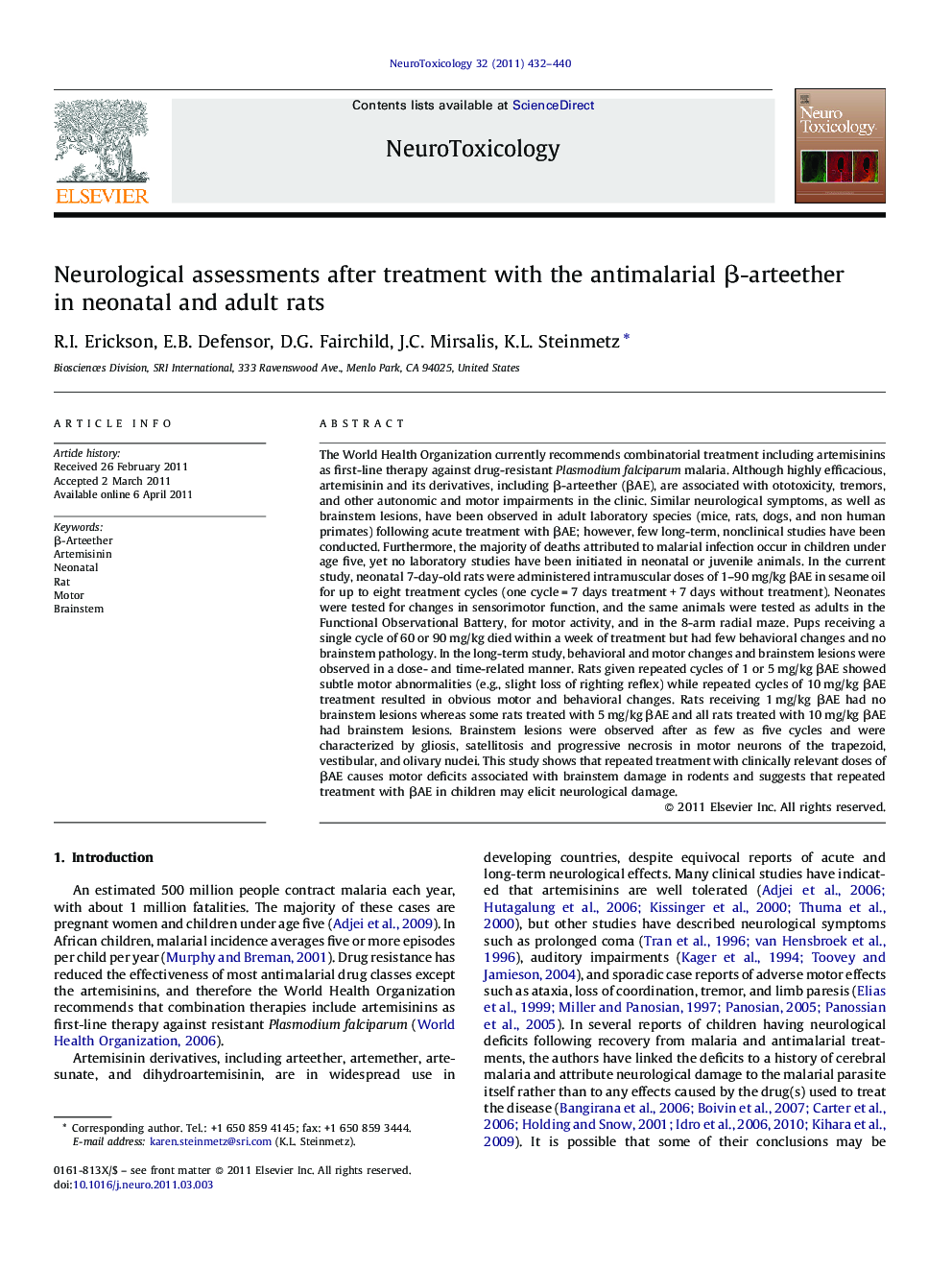 Neurological assessments after treatment with the antimalarial β-arteether in neonatal and adult rats