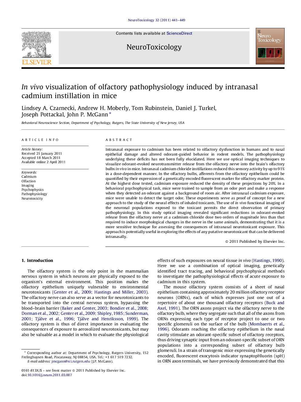 In vivo visualization of olfactory pathophysiology induced by intranasal cadmium instillation in mice