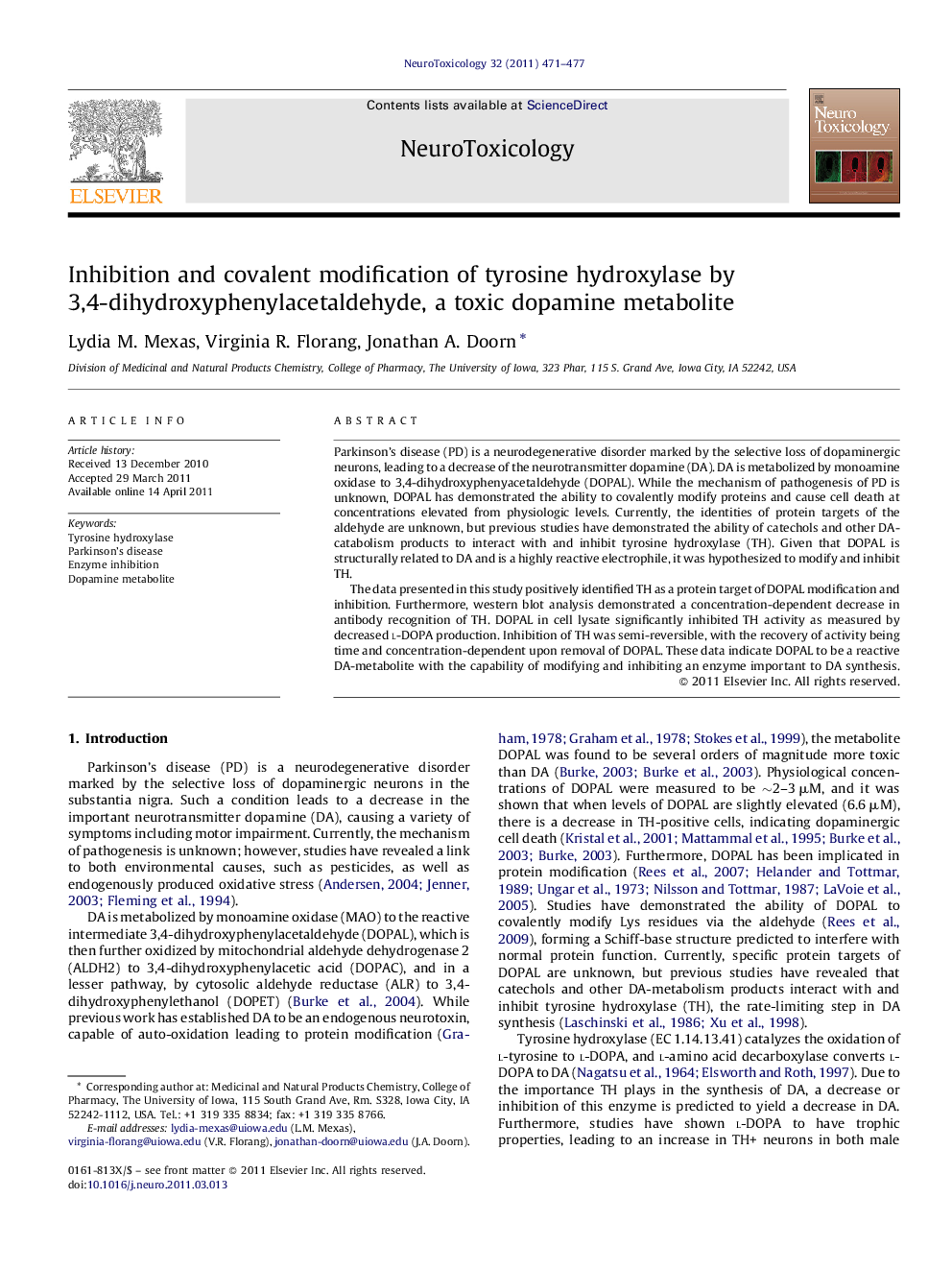 Inhibition and covalent modification of tyrosine hydroxylase by 3,4-dihydroxyphenylacetaldehyde, a toxic dopamine metabolite