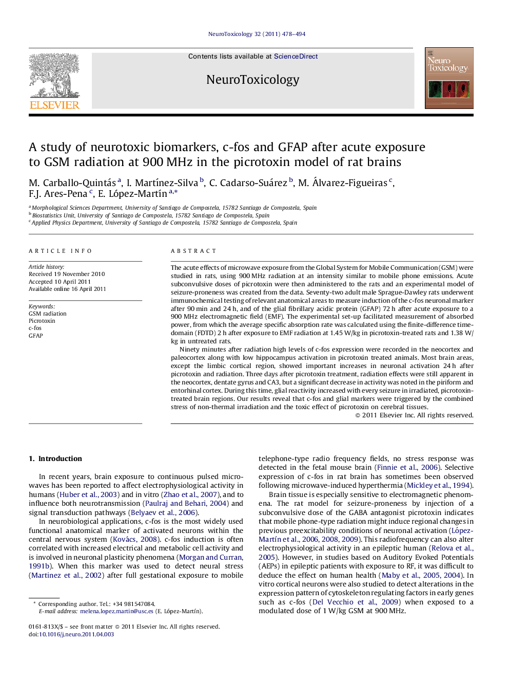 A study of neurotoxic biomarkers, c-fos and GFAP after acute exposure to GSM radiation at 900 MHz in the picrotoxin model of rat brains