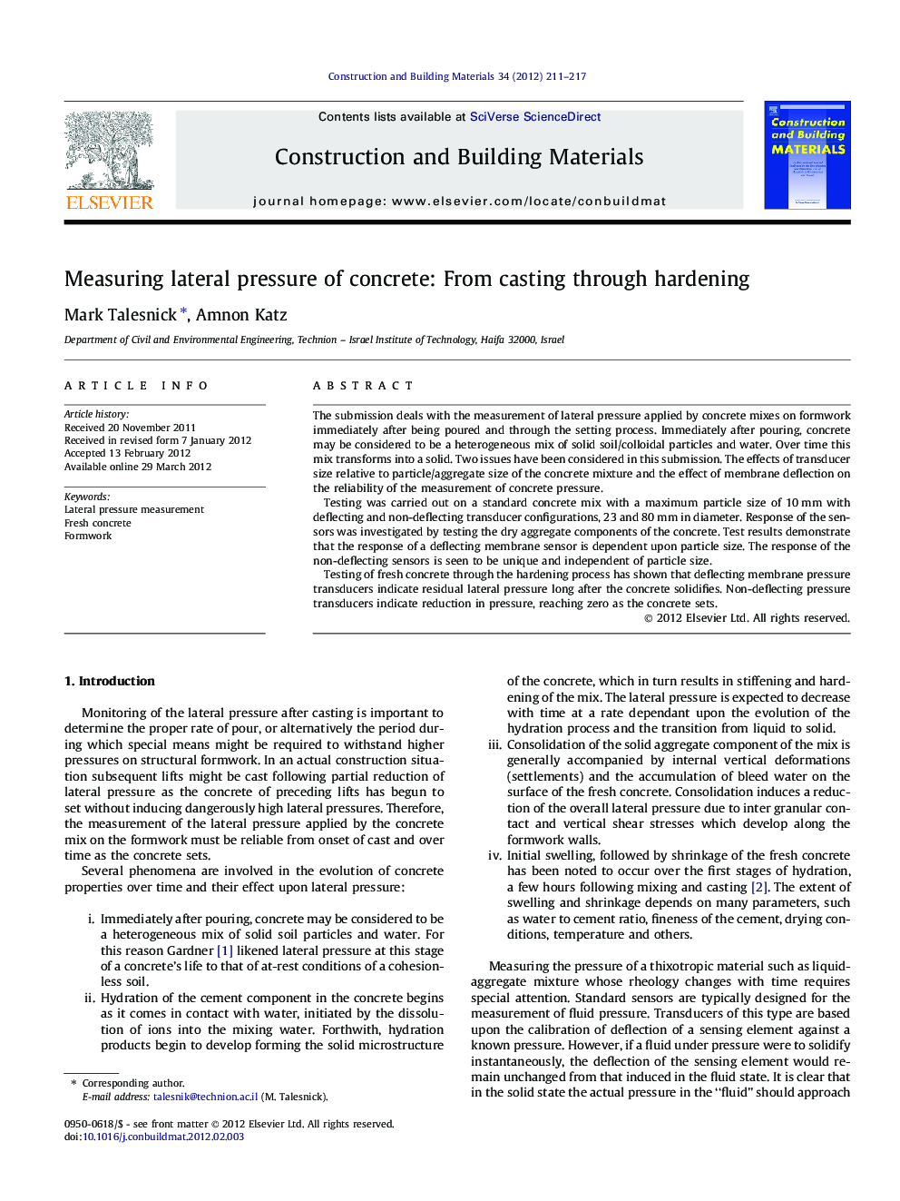 Measuring lateral pressure of concrete: From casting through hardening