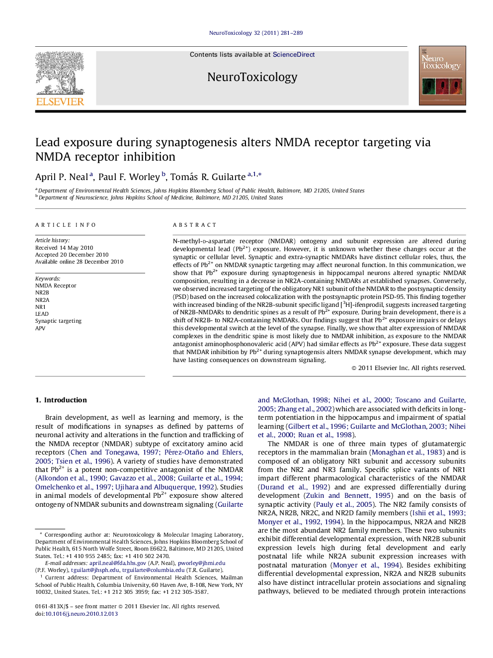 Lead exposure during synaptogenesis alters NMDA receptor targeting via NMDA receptor inhibition