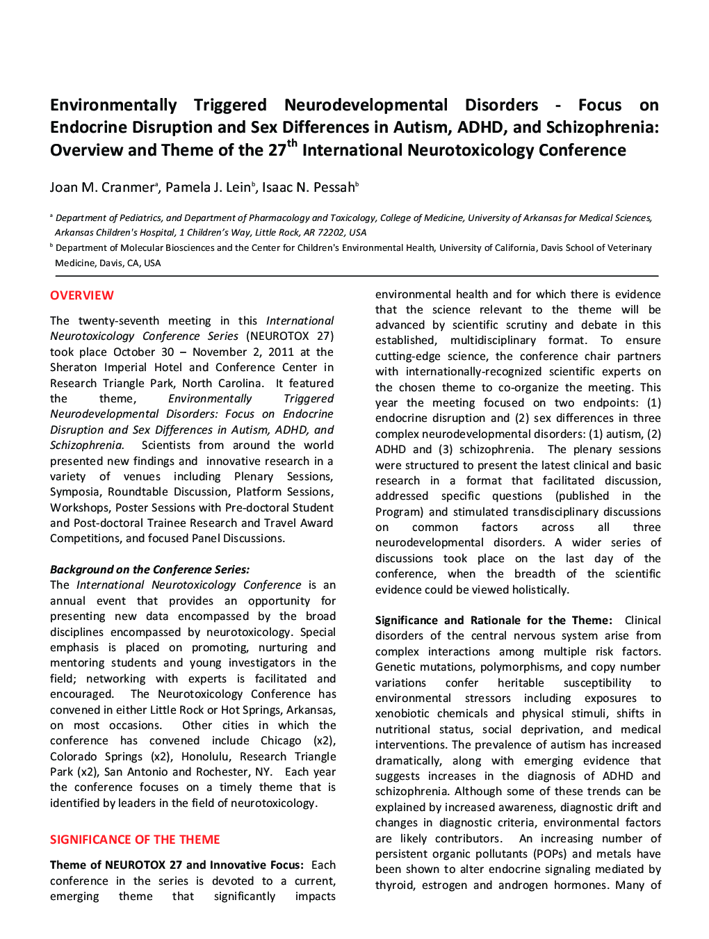 Environmentally Triggered Neurodevelopmental Disorders: Focus on Endocrine Disruption and Sex Differences in Autism, ADHD, and Schizophrenia: Overview and Theme of the 27th International Neurotoxicology Conference